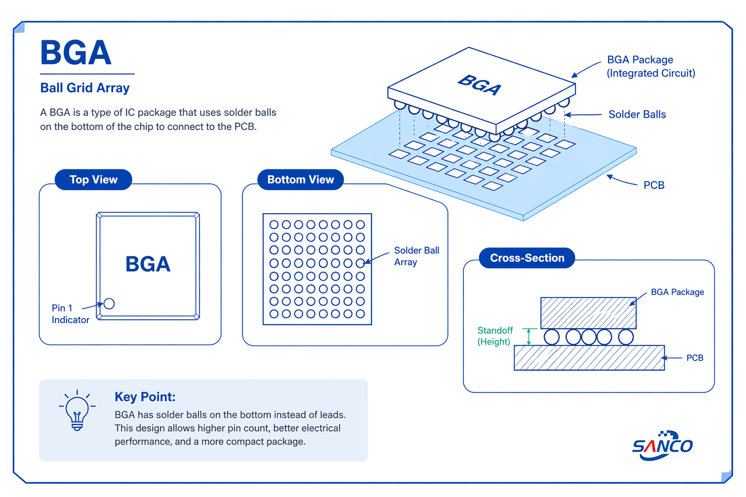 BGA Ball Grid Array package structure diagram showing solder balls and PCB connection