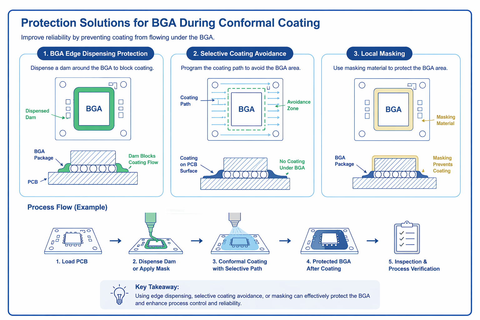 BGA protection solutions during conformal coating including edge dispensing masking and selective coating avoidance