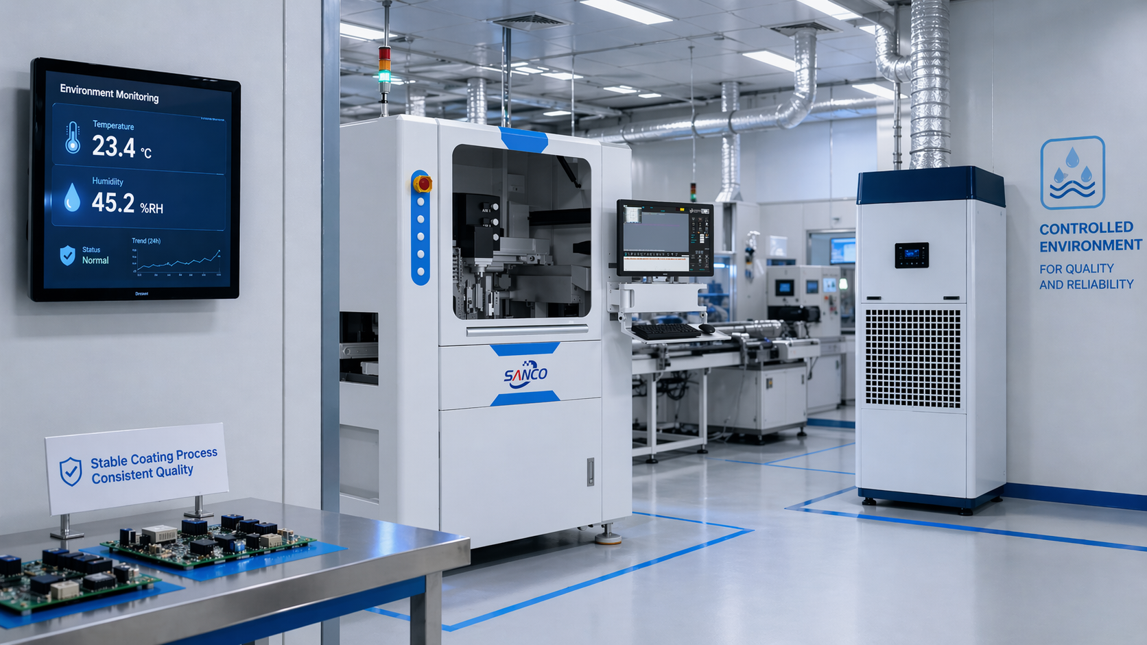 Stable conformal coating process with temperature and humidity monitoring